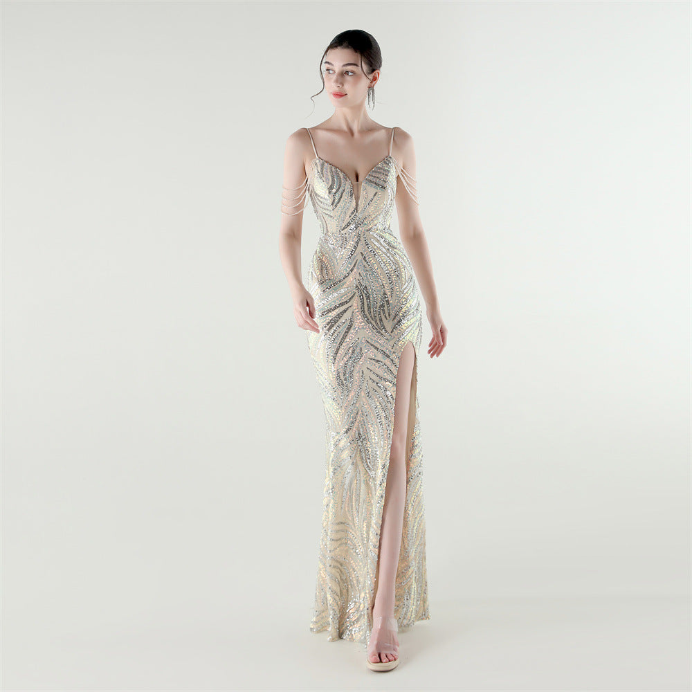 Elegant Deep V Strap Sequin Evening Dress 16