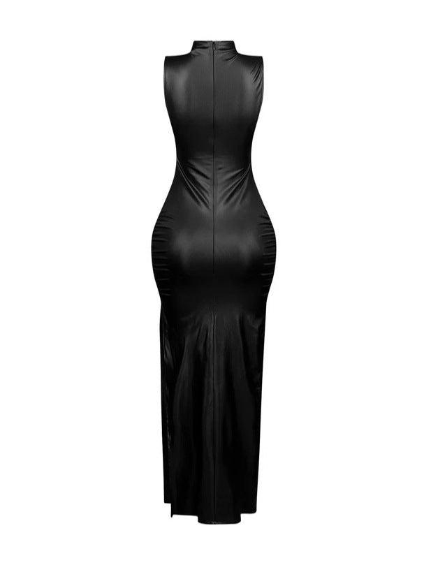 Women's Sleevelesss Slim Slit Pu Leather Long Dress 5