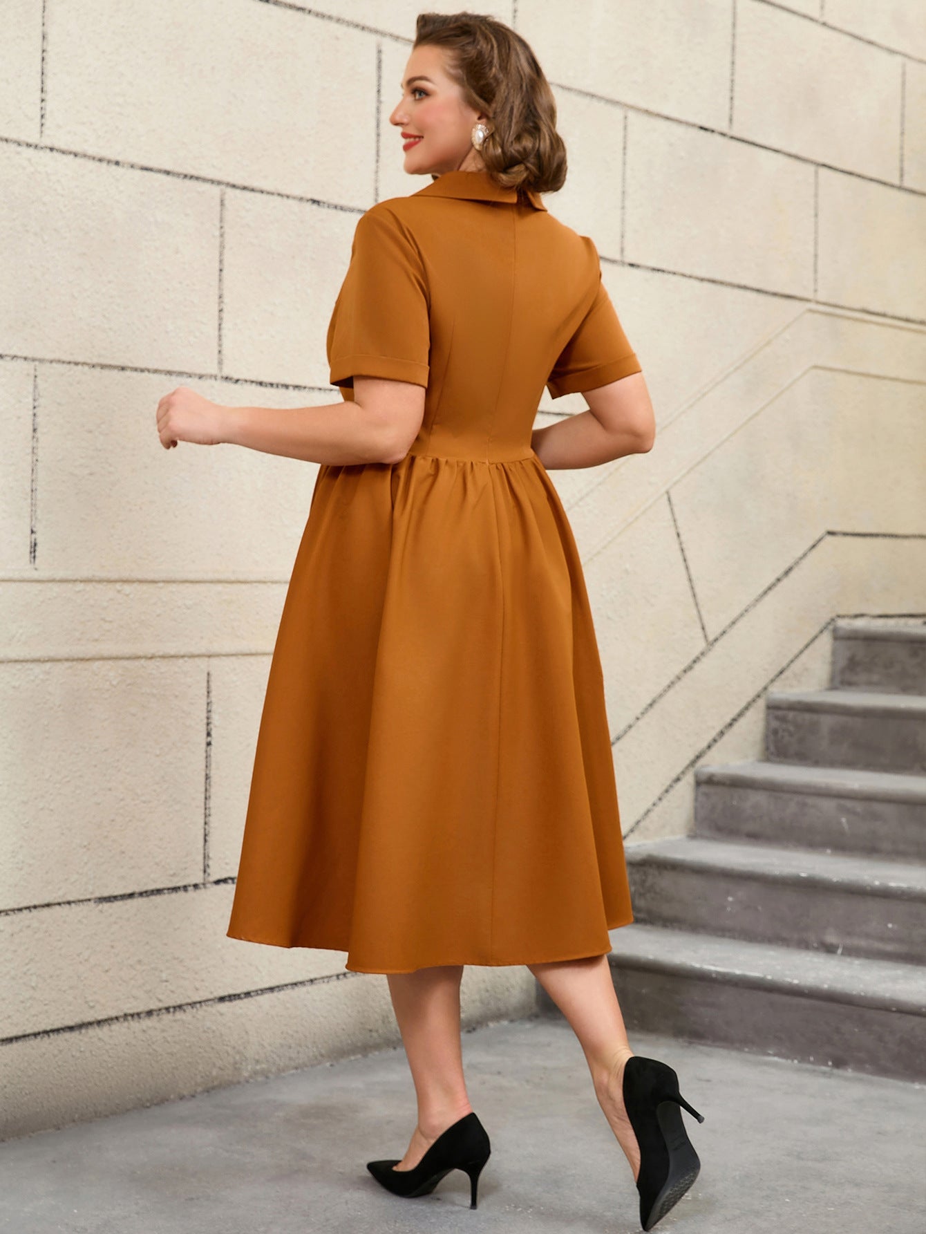 Plus Size Turned-Down Collar Lace-Up Bow Decoration A-Line Dress 3