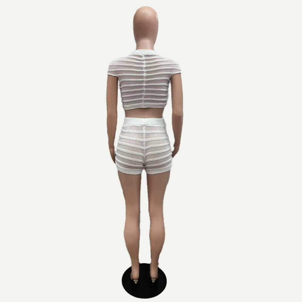 Women Sexy Knitting See-Through Top and Shorts Two-piece Set 9