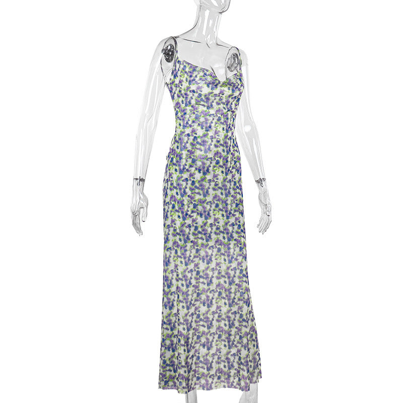 Women French floral summer printed Backless Strap Dress 7