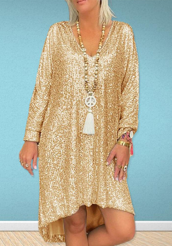 Autumn Short-Sleeved Casual Solid Color Loose Pullover Sequined V-Neck Long Dress