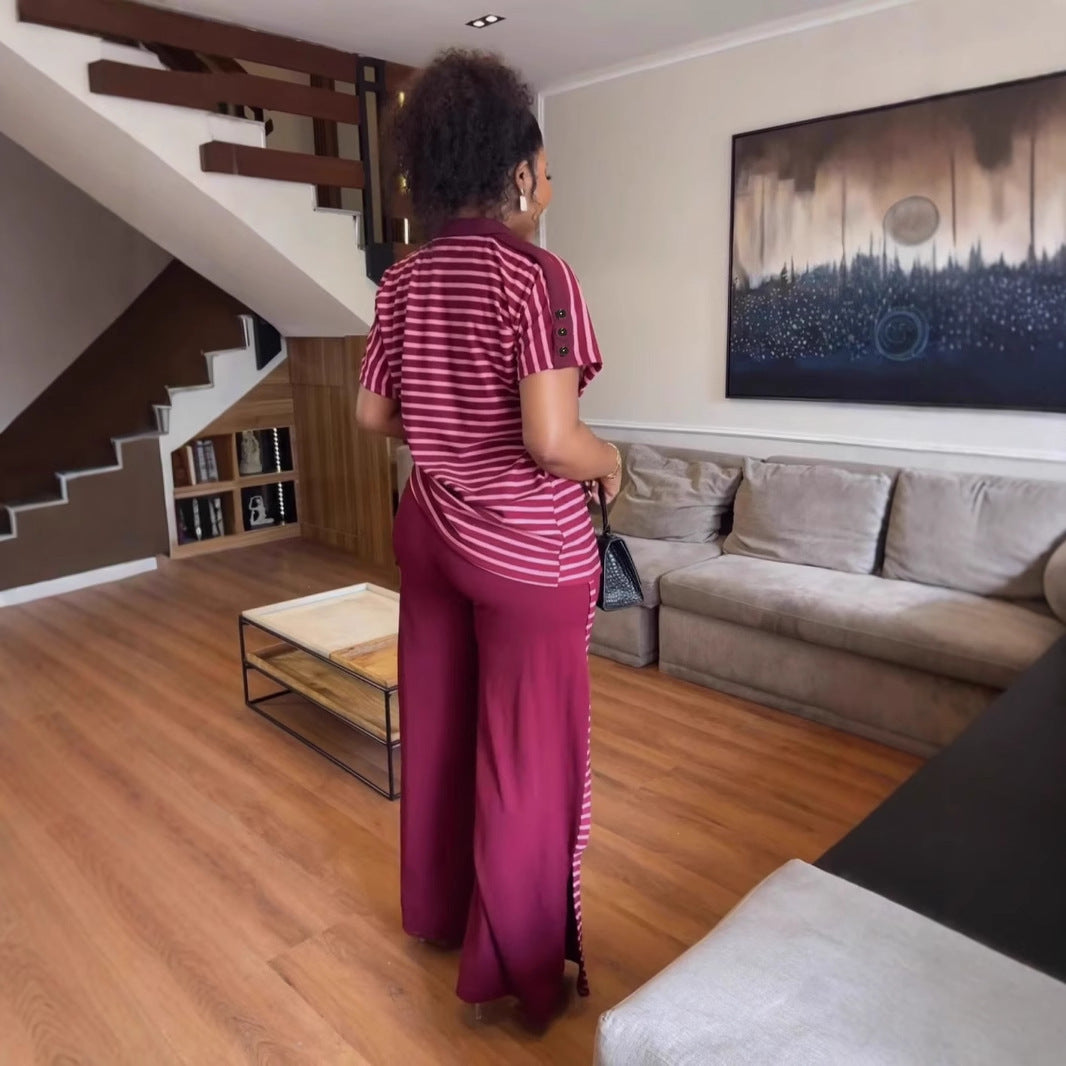 Fashion Casual Summer Short Sleeve Striped Print Two-piece Pants Set 8