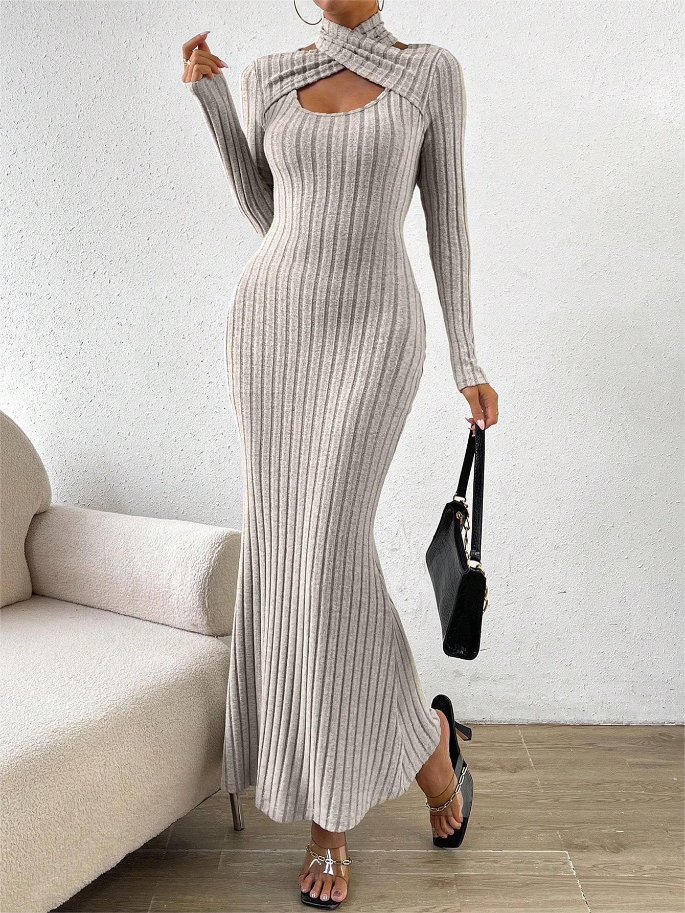 Elegant Solid Color Hollow Long Sleeve Fishtail Long Dress 7