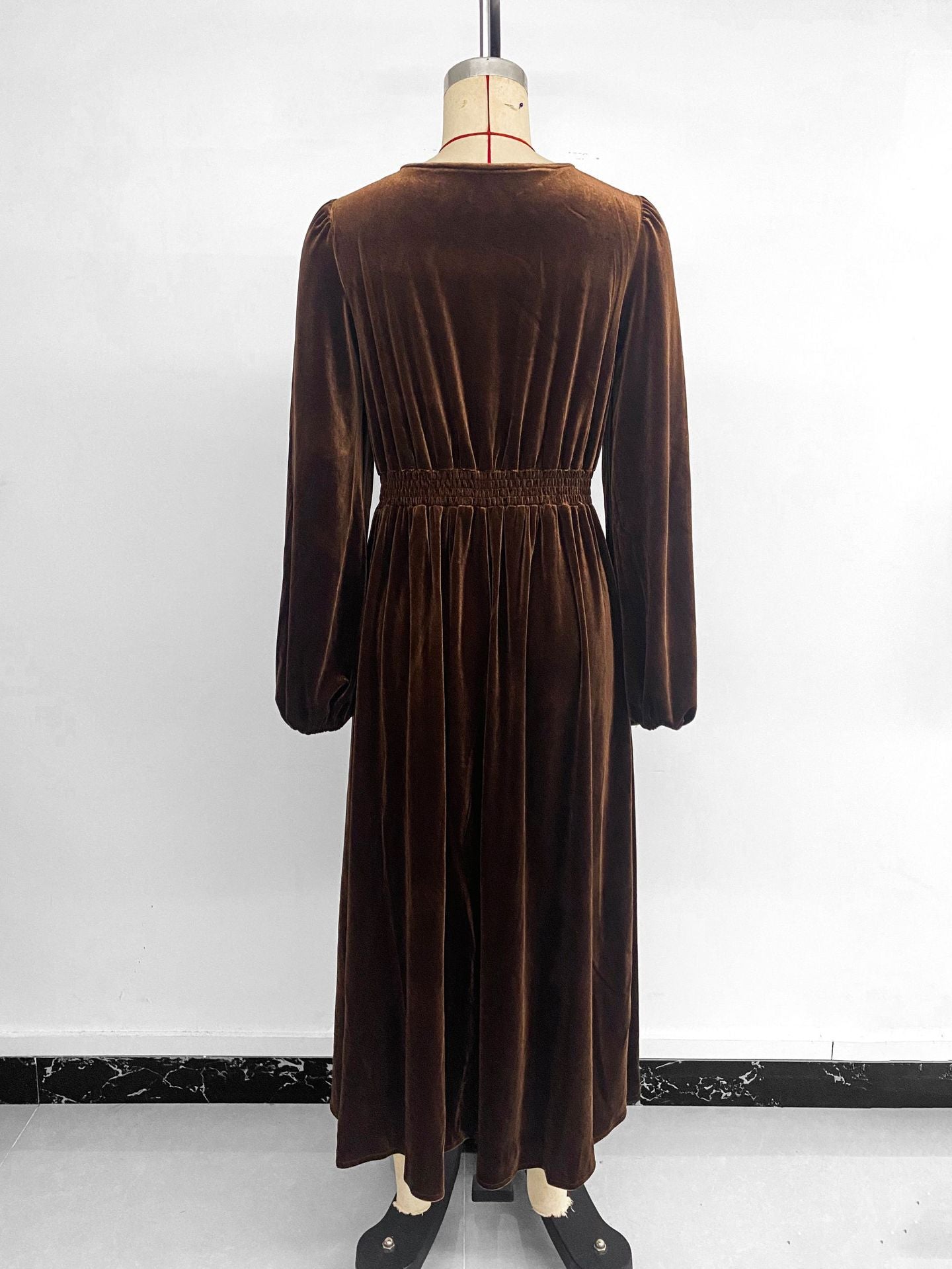 Women Fall/Winter Patchwork Lace V-Neck Long-Sleeved Velvet Maxi Dress 8