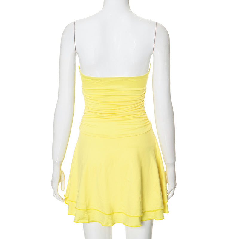 Women Pleated Skirt Solid Strapless Dress 20