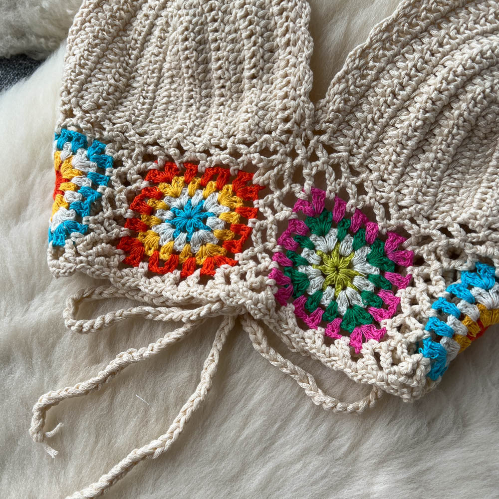 Women Summer Crochet Flower Suspender Top and Wide Leg Pants Retro Two-piece Set 17