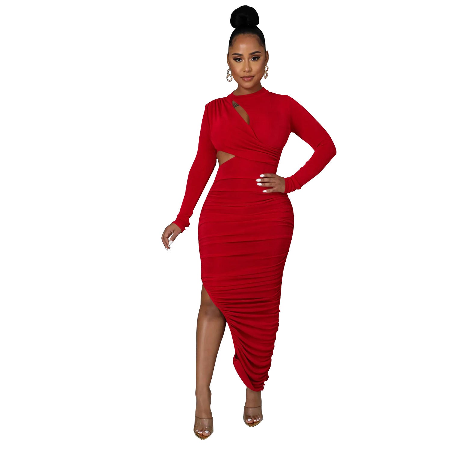 Women Solid Color Pleated Round Neck Cut Out Long Sleeve Maxi Dress 4