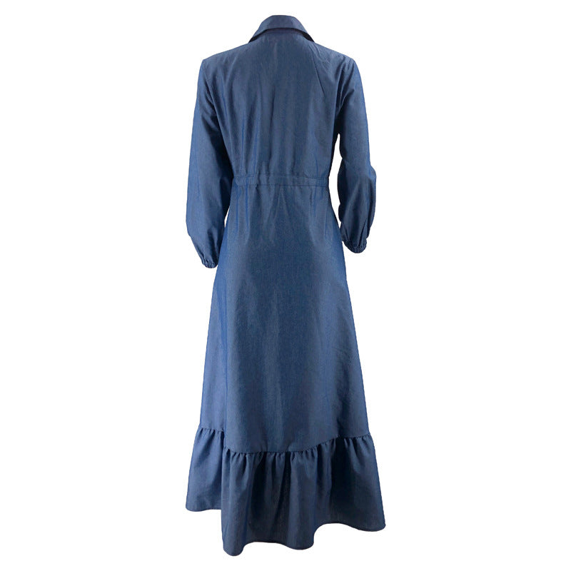 Muslim Ladies Solid Color Elegant Denim Dress 11