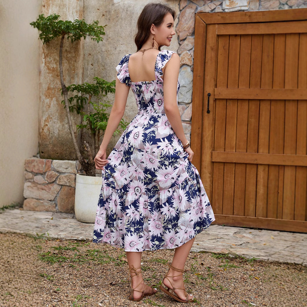 Women Large Flower Ruffle Sleeve Bohemian Beach Holidays Suspender Dress