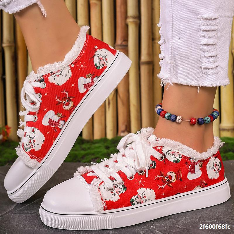 Christmas Santa Claus Pattern Print Red Casual Canvas Women's Plus Size Shoes 4