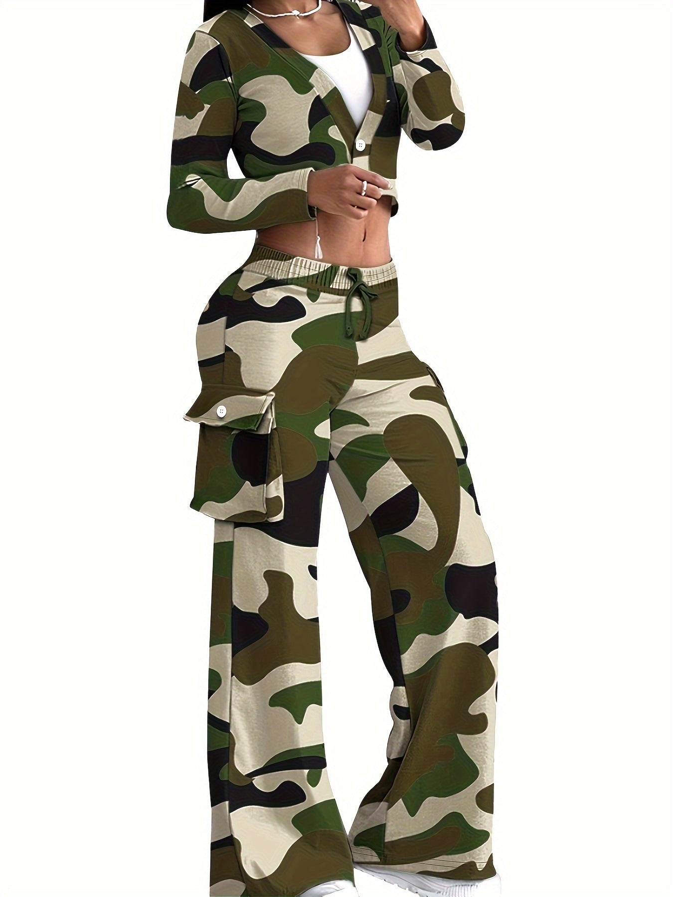Women Camo Print Casual Sexy Crop Top and Pants Two-piece Set 12