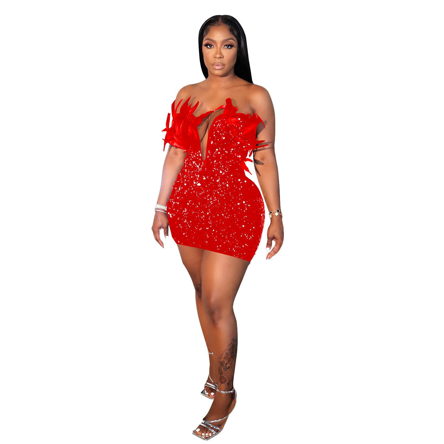 Women Sequin Feather Sleeveless Dress 12