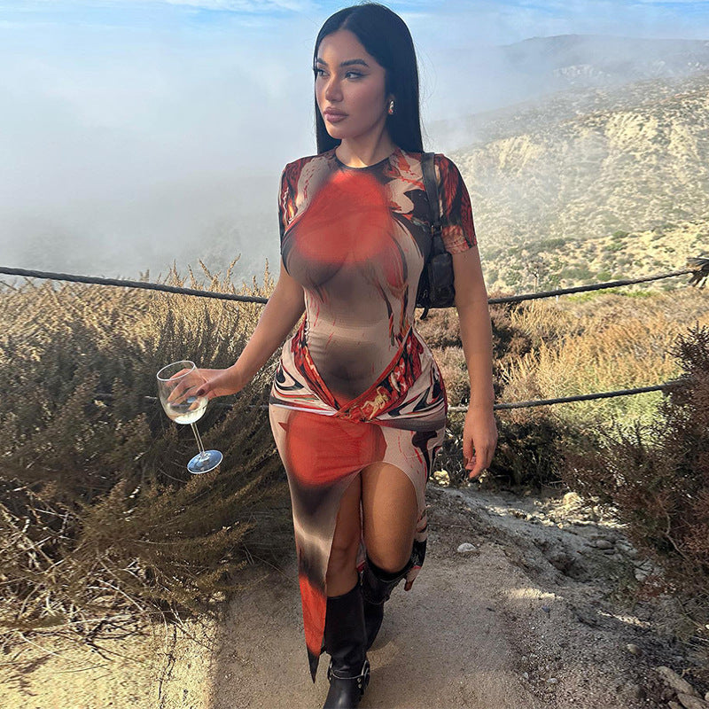 Women's Winter Fashion Sexy Printed Slim Slit Round Neck Short Sleeve Dress 3