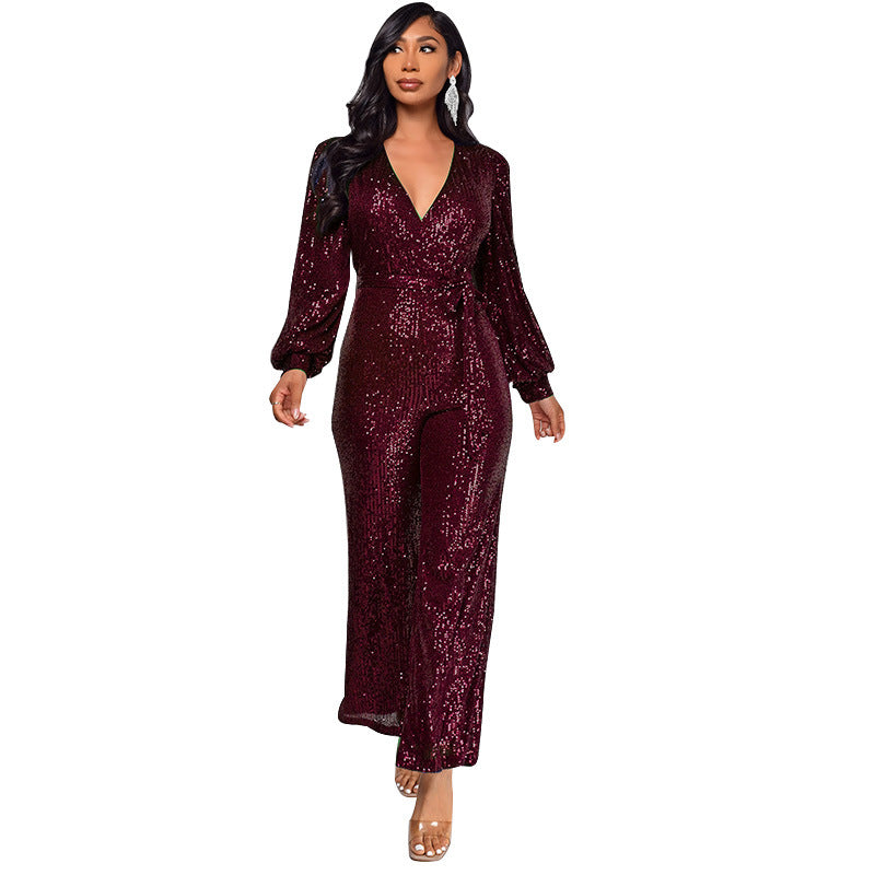 Fashion Casual Long Sleeve Belt Sequin Jumpsuit Women's Clothing 17