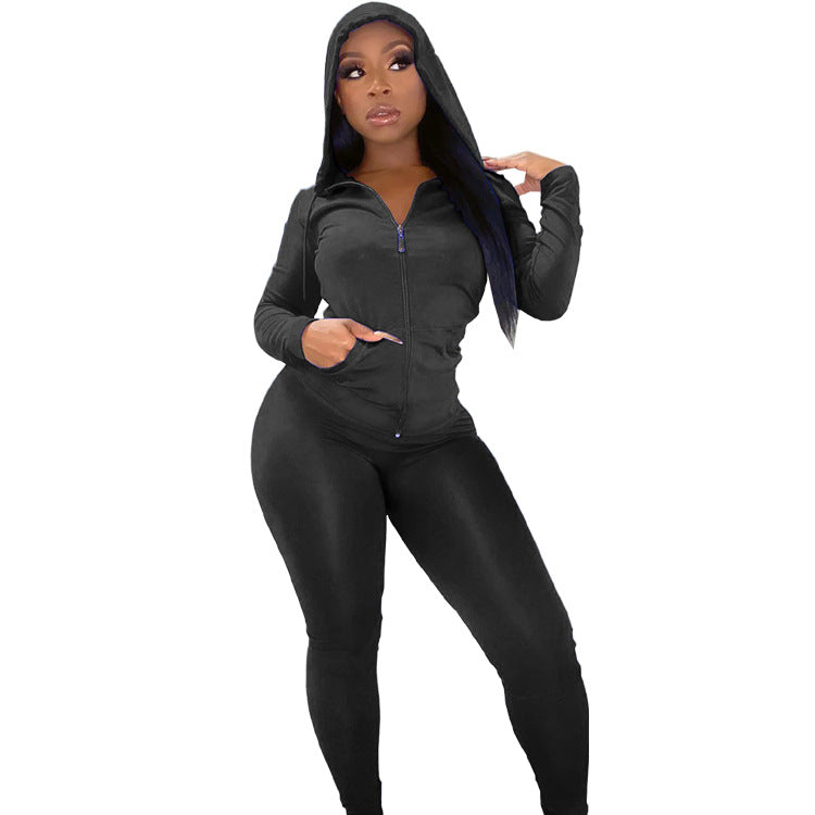 Women Casual Sports Running Fitness Zippered Hooded Top Long Pants Two-piece Set 16