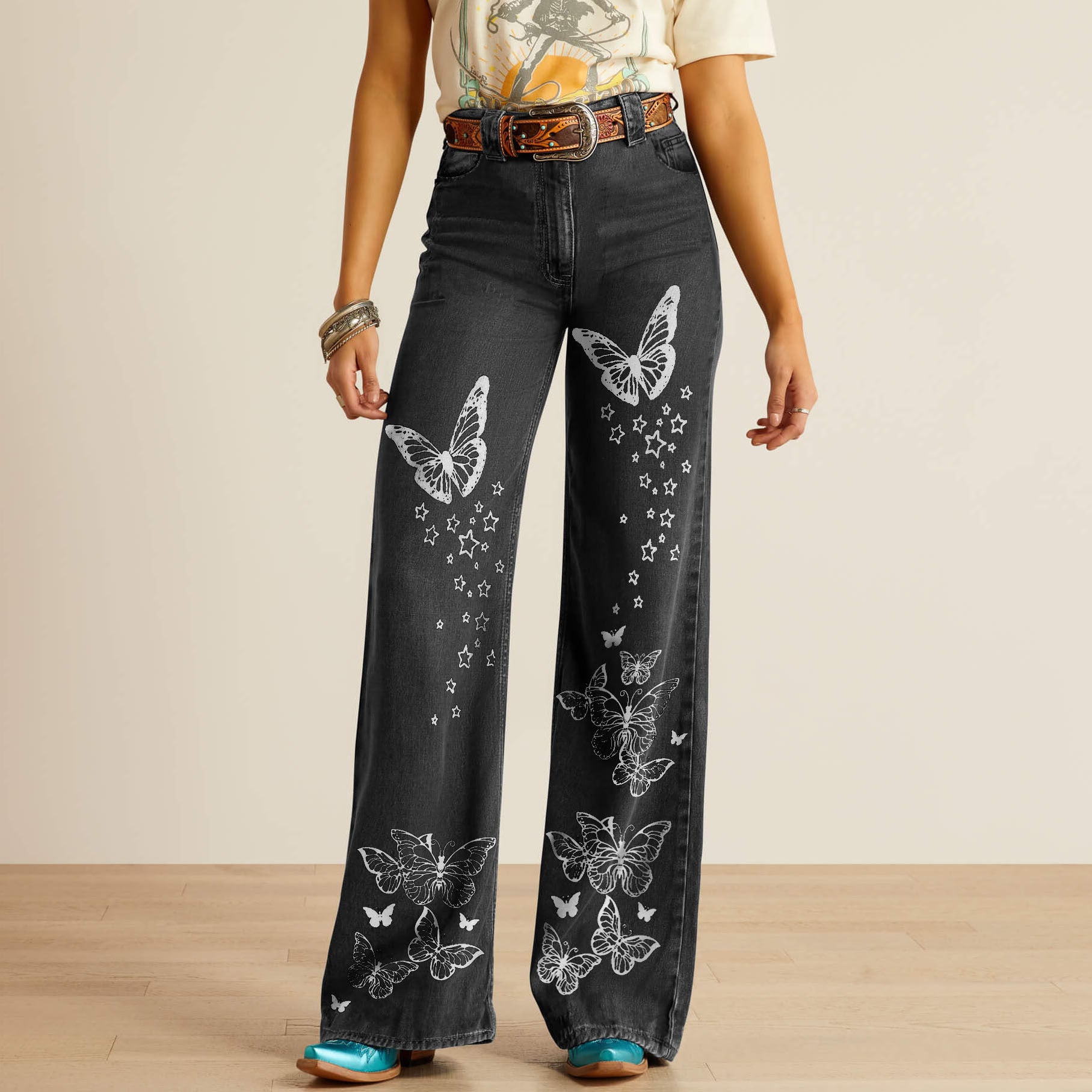 Women retro no stretchy print Denim Pant 7