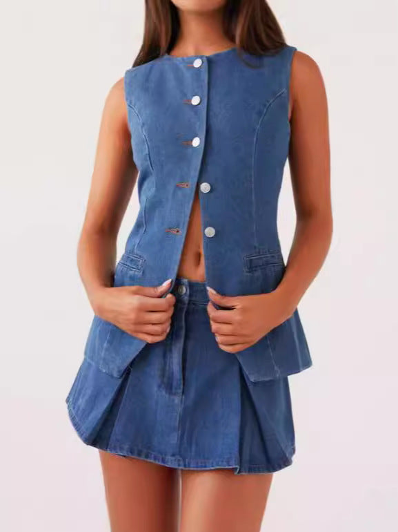Summer Fashion Casual Sleeveless Denim Vest High Waist Short Skirt Women's Two Piece Set 8