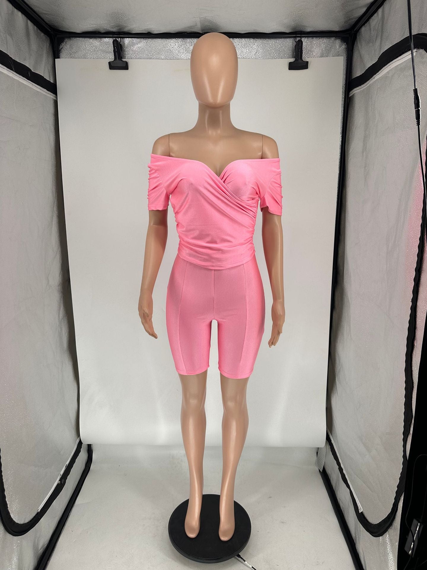 Women's Summer Cross V Neck Short Sleeve Top Elastic Shorts Casual Two Piece Set 14