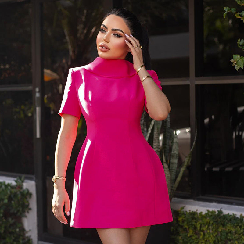 Summer Solid Color Round Neck Low Back Short Sleeve Sexy Slim Short Women's Dress 3