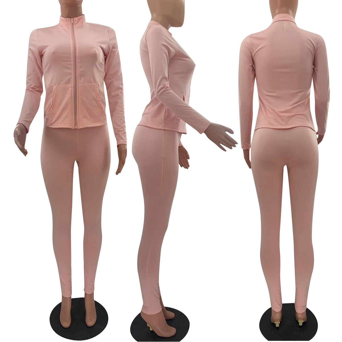 Women Casual Solid Long Sleeve Zip Top and Pant Two-Piece Set 36