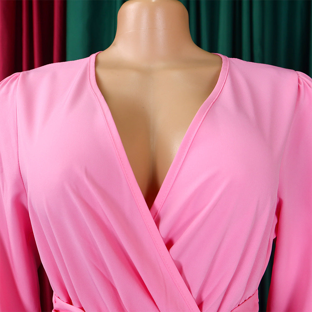 V-Neck Chic Elegant Slim Waist Belted Pleated High Waist Plus Size Dress 42