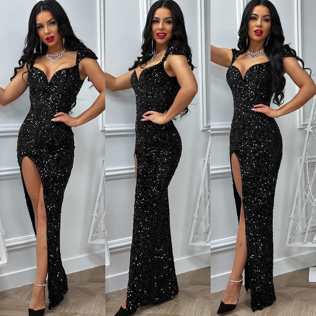 V-neck sequin slit sequin bodycon dress 5