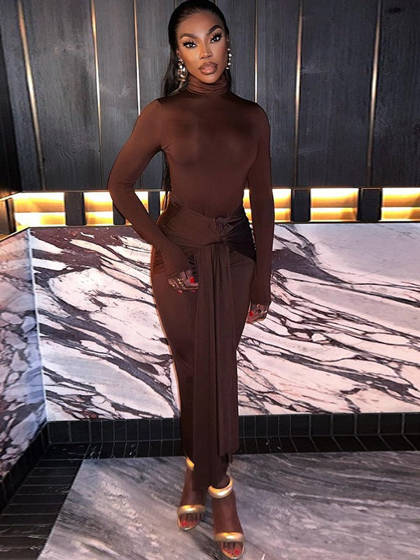 Women's Solid Color Round Neck Long-Sleeved Streamer Tie Chic Long Dress 6