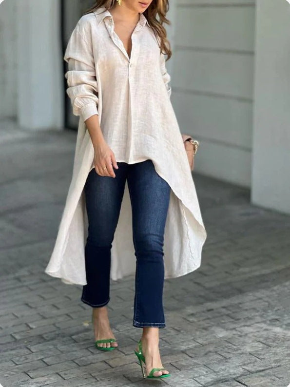 Women Fall Long-sleeved Solid Turndown Collar Shirt 4