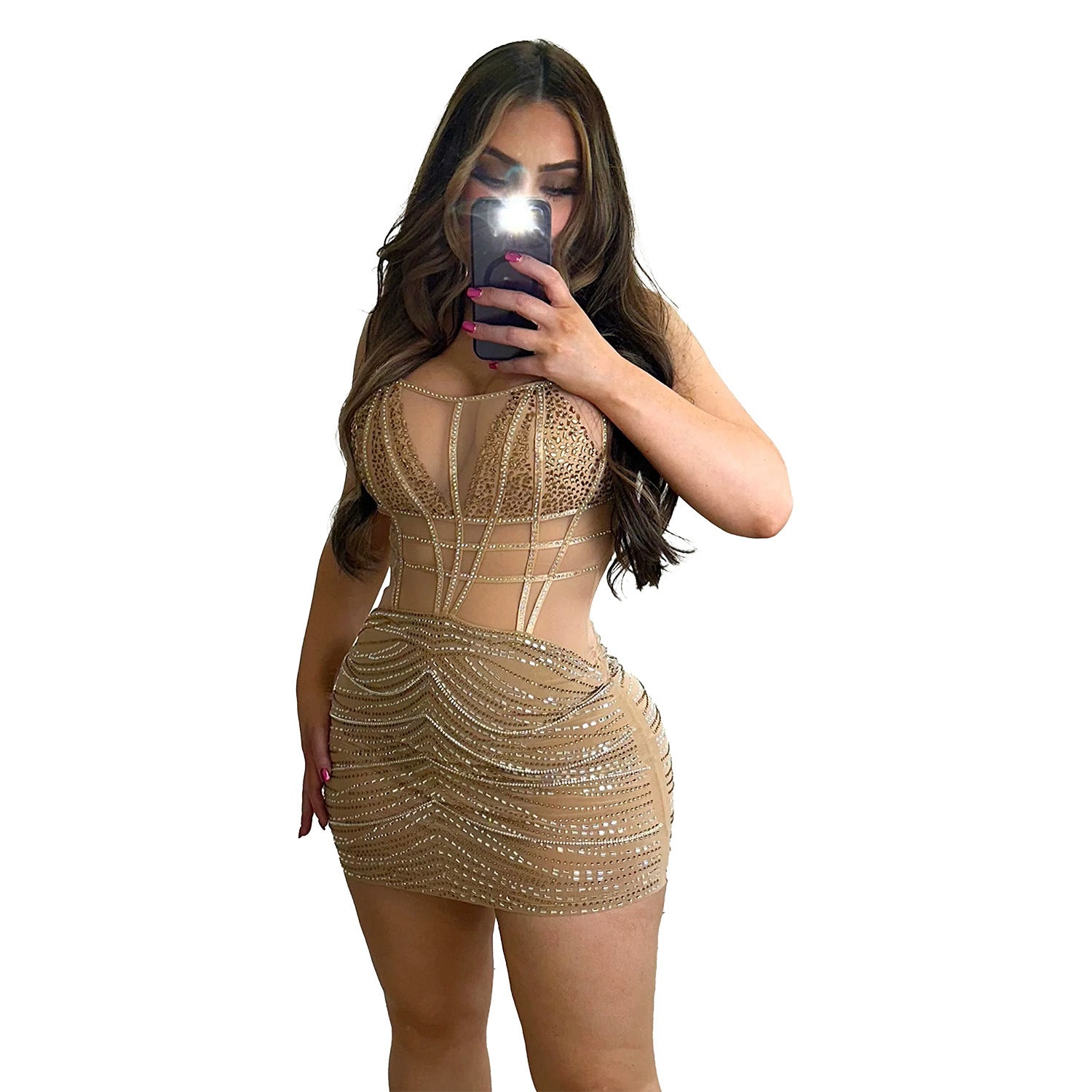 Women's Fashion Solid Color Camisole Sleeveless Mesh Beaded Dress 9