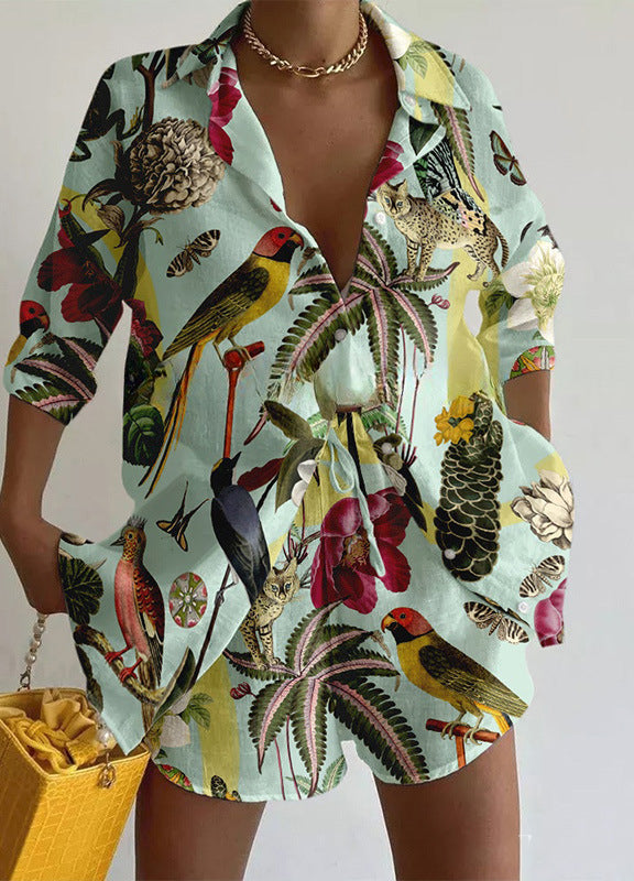 Women's Summer Printing Casual Shirt Shorts 2-Piece Set