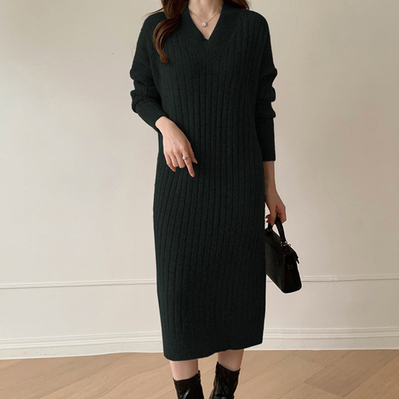 Autumn And Winter Retro Chic Knitting Dress Women's Loose Lazy Style Basic Sweater Long Dress 4