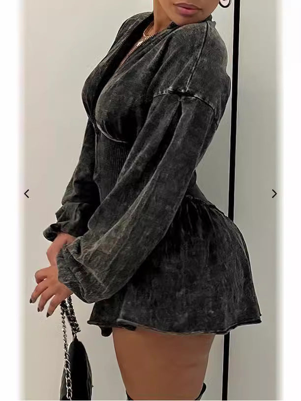 Autumn Winter Printed Gray Slim Waist Long-Sleeved A-Line Mini Dress 3