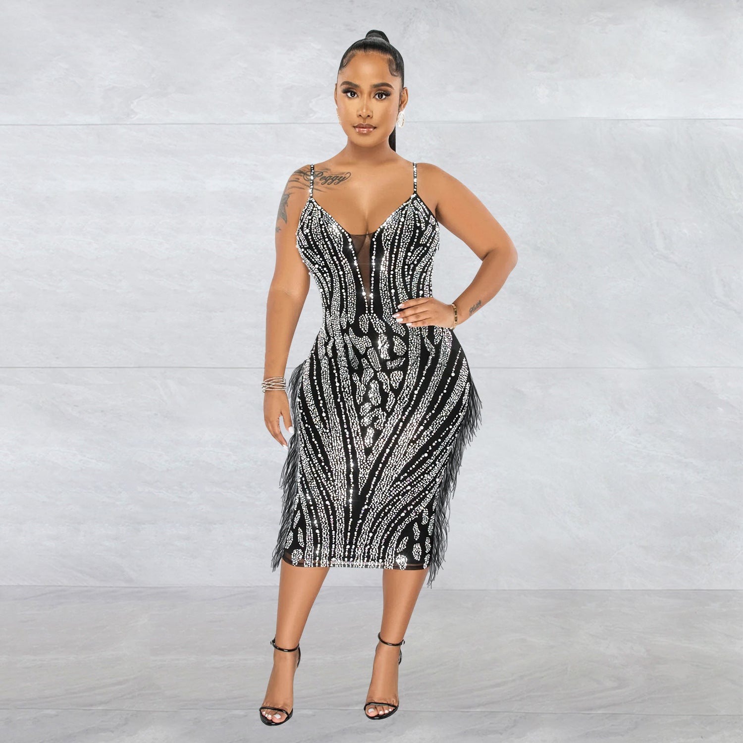 Women's Fashion Solid Color Camisole Sleeveless Mesh Beaded Maxi Dress 3