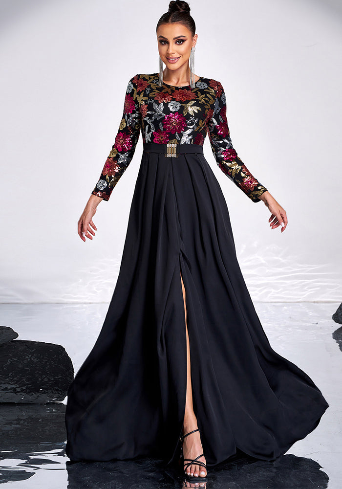 Long Sleeve Round Neck Long Sequin Formal Party Evening Dress Bridesmaid Dress