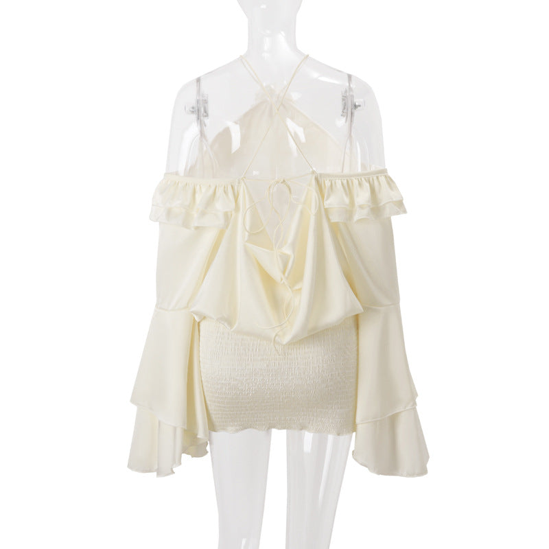 Women autumn sexy French off-shoulder ruffled Bell Bottom sleeve dress 7