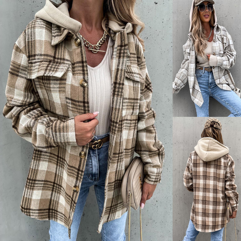 Winter Women's Outerwear Fashionable Hooded Plaid Coat 5