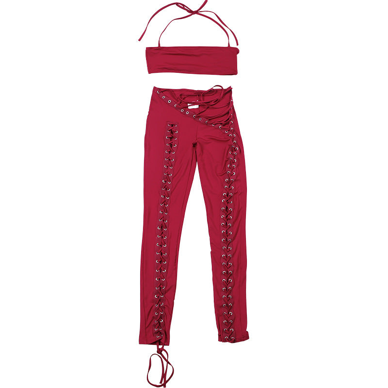 Women Fall Solid Halter Neck Lace-Up Top and Pants Two-piece Set 20