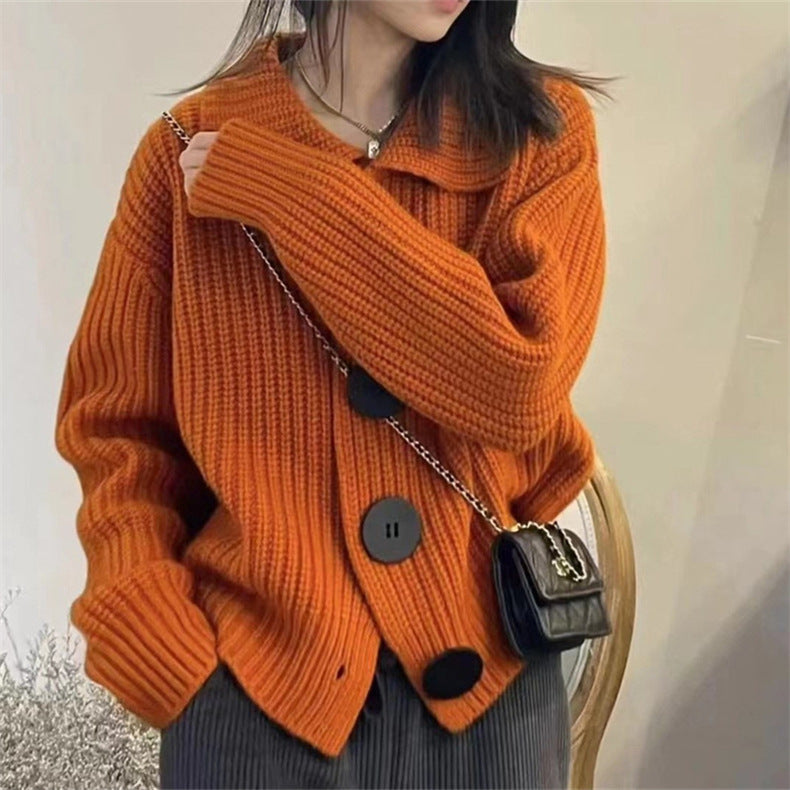 Lazy Style Sweater Jacket Autumn And Winter Loose Turndown Collar Large Button Knitting Cardigan For Women 5