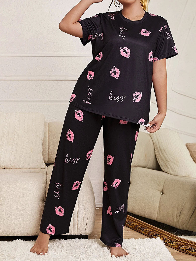 Plus Size Women Cute Bear Printed T-shirts and Pants Pajamas Two Piece 9