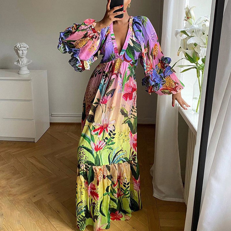 Women summer printed gradient ruffled v-neck sexy Maxi dress 5