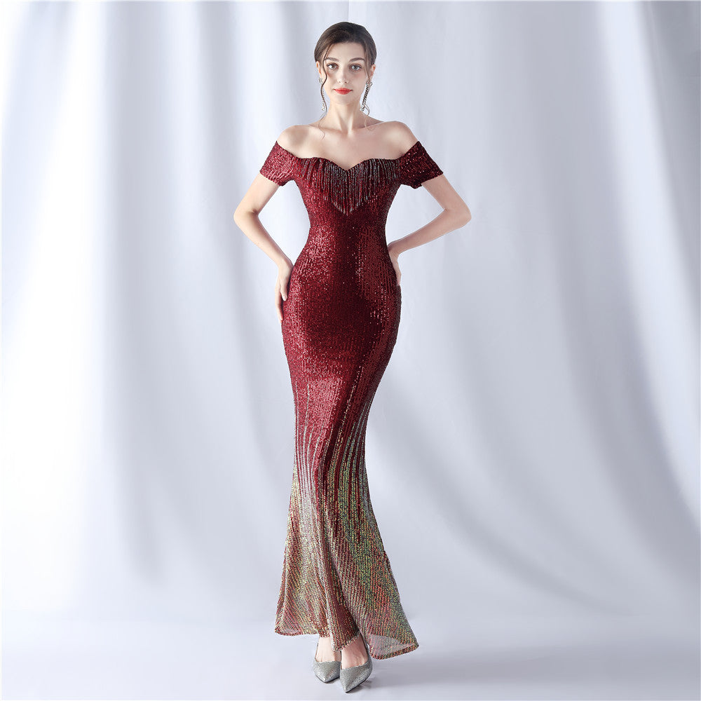 Women gradient beaded high-end evening dress 12