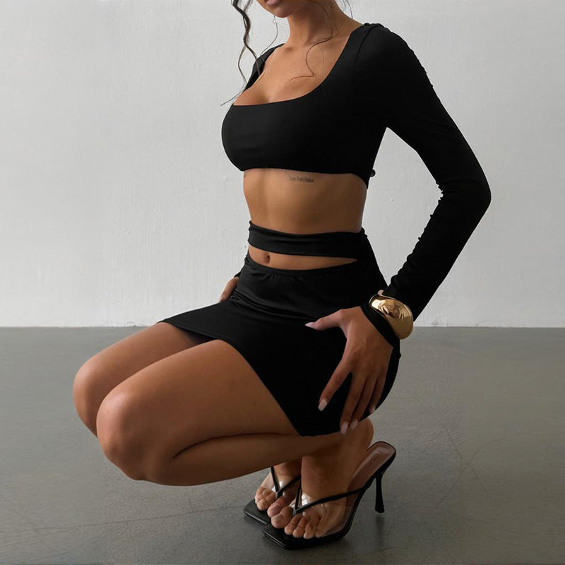 Women Autumn Sexy Long Sleeve Cut-Out Open Waist Bodycon Dress