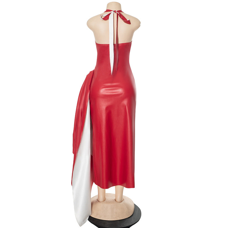 Spring Summer Sexy Deep V Halter Neck Lace Up Slit Dress 15