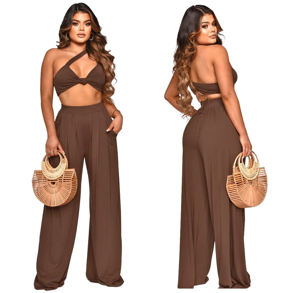 Women Summer Slash Shoulder Sleeveless Top + Solid Color Wide Leg Pants Two-Piece Set 4