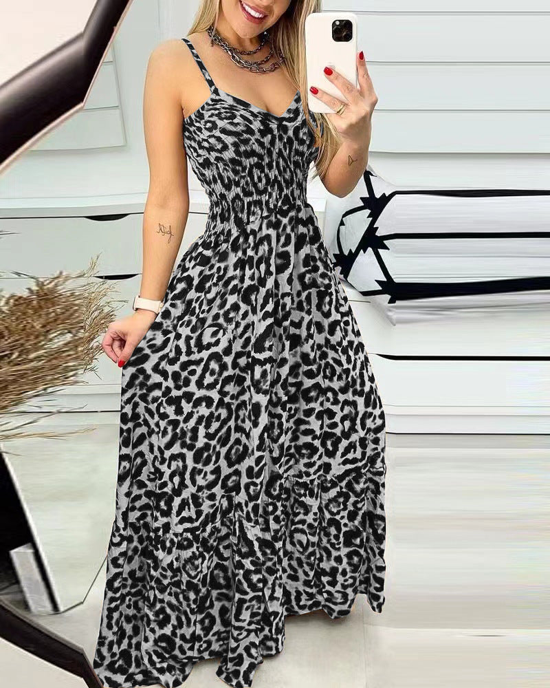 Summer Leopard Print V Neck Dress High Waist Sexy Chic Fashion Long Dress 6