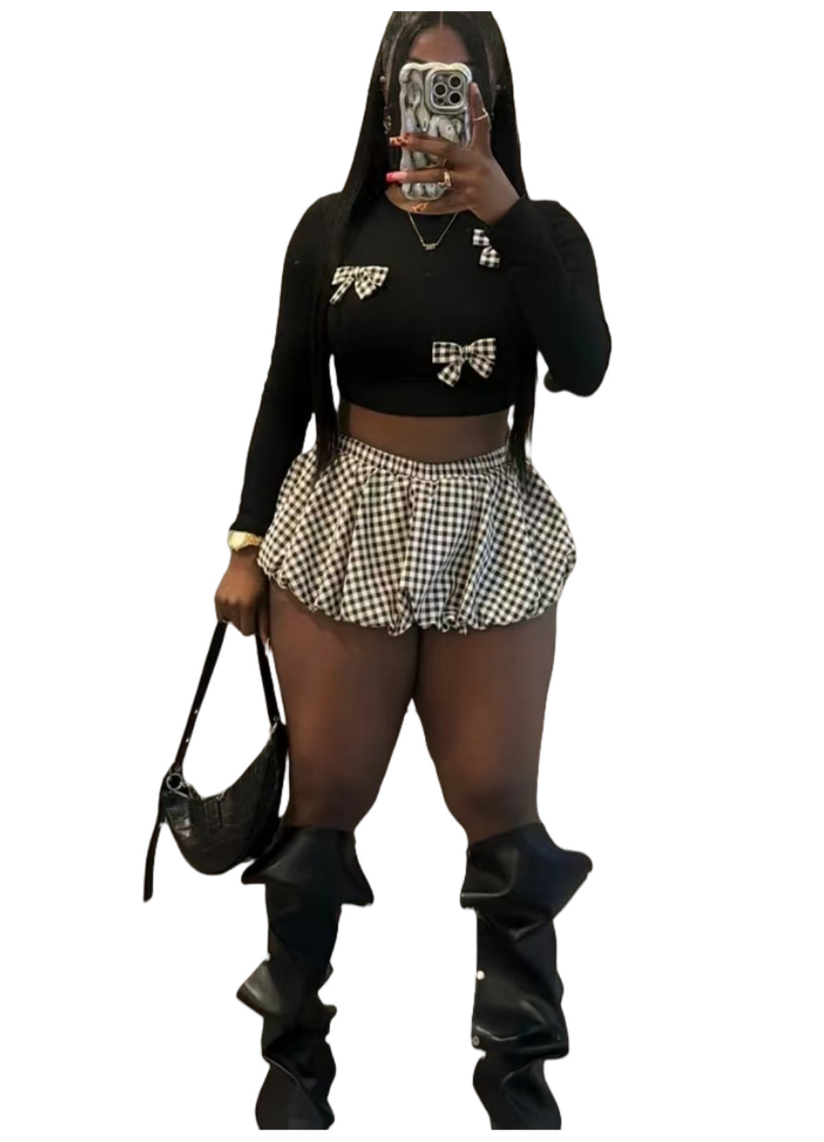 Bow Knot Long Sleeve Crop Top Shorts Two Piece Set 7