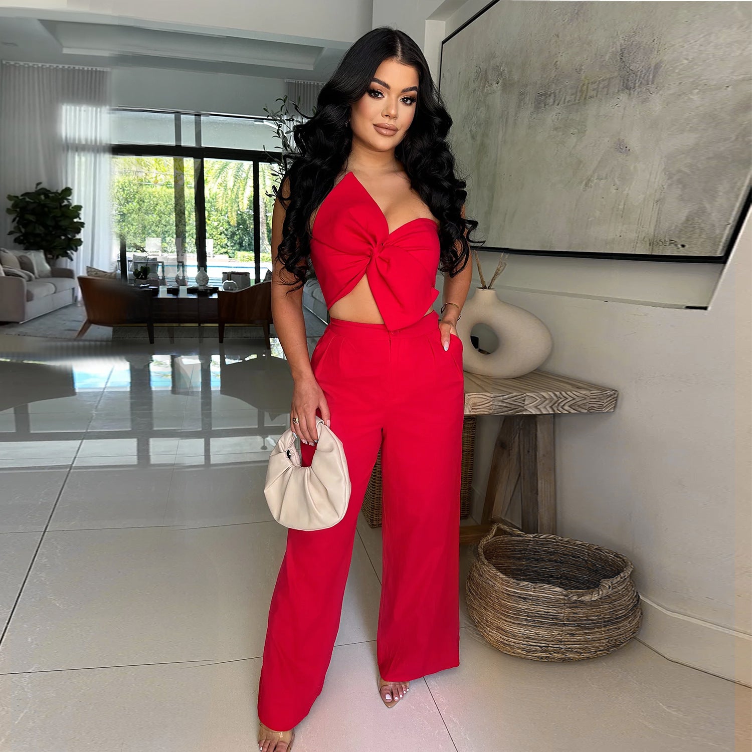 Women  Sexy Bowknot Top and Pants Two Piece Set 6