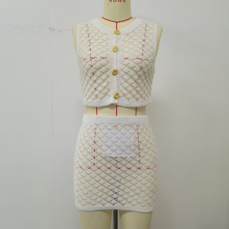 Button Vest Short Skirt Fashion Sunscreen Beach Two-piece Set 18