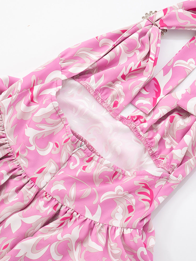 Women Sleeveless Halter Neck Backless Printed Ruffle Dress 22